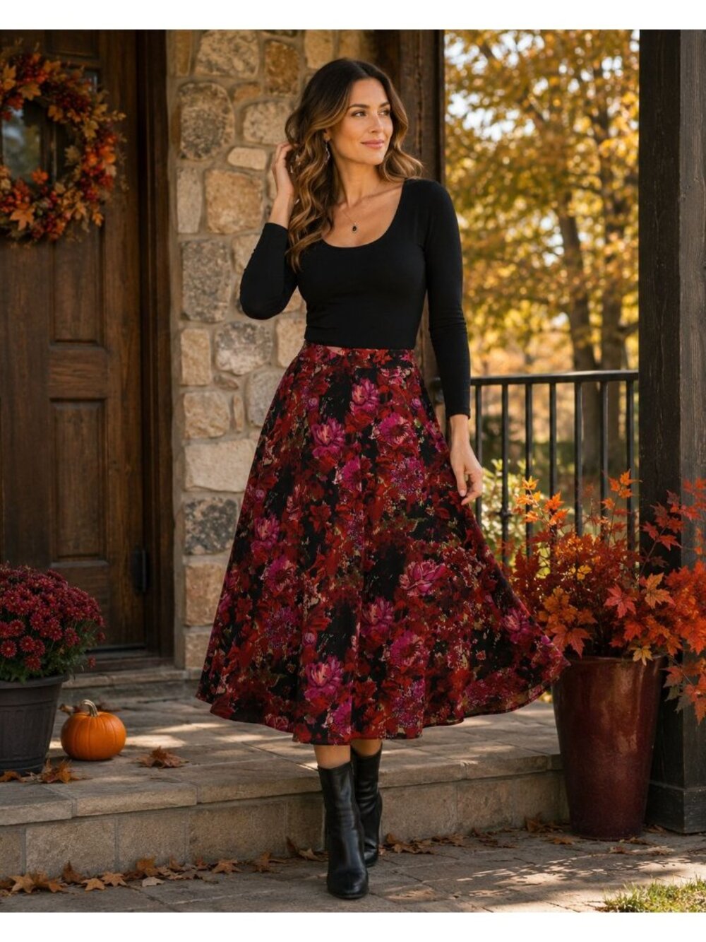 Coldwater Creek Skirt PM 10-12 Red Floral Midi A Line Lined Fall Boho Romantic